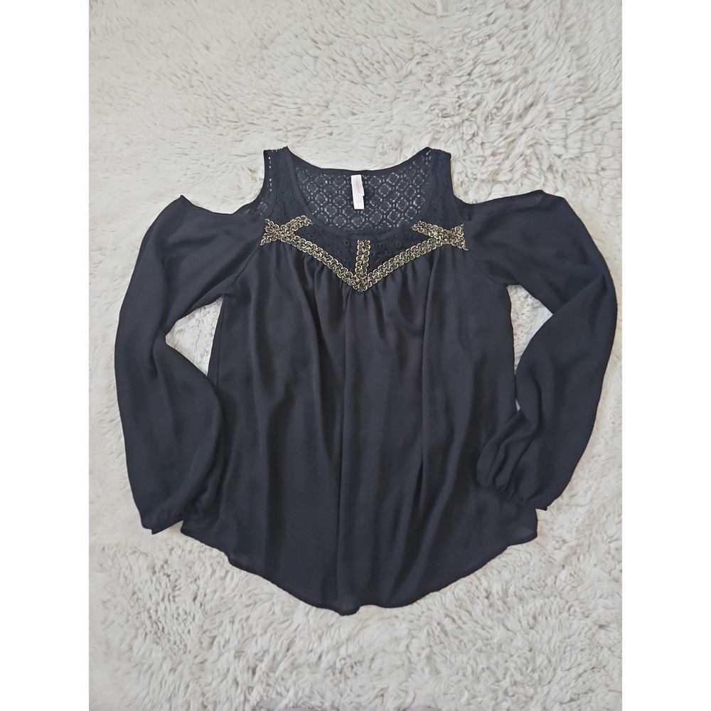 Xhilaration Women's Black Cold Shoulder Blouse Size L Gold Trim Lace Y2K Boho